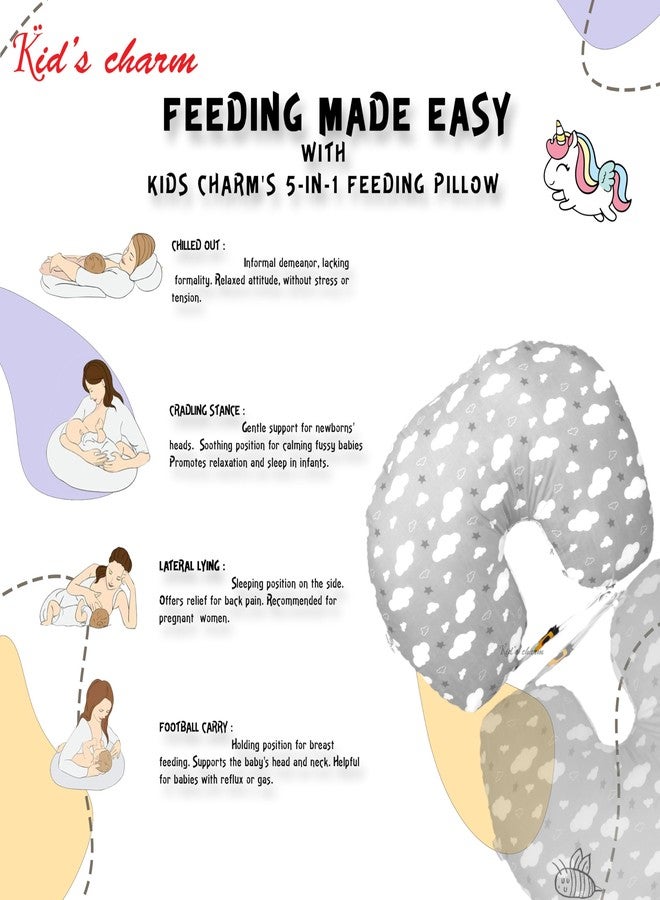 Kid's Charm وسادة الرضاعة الطبيعية للأطفال حديثي الولادة من كيدز تشارم كلاود-ميجا المحمولة 6 في 1 من 4 إلى 8 أشهر | وسادة رضاعة بغطاء قابل للإزالة، وسادة قطنية (رمادي) - Image 4