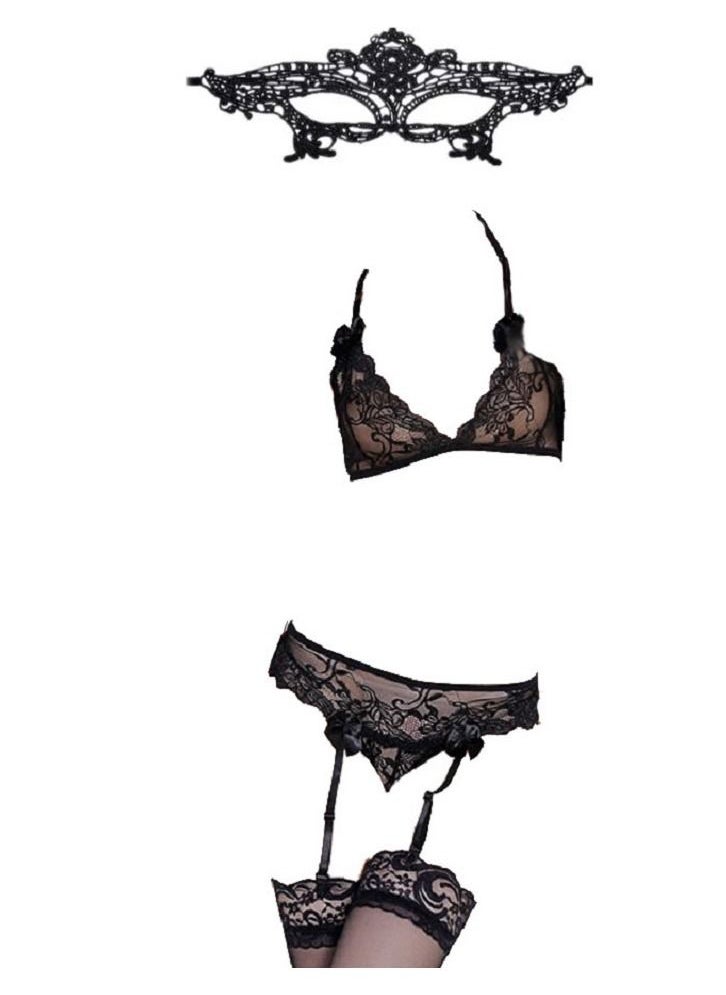 Generic - Floral Lace Bra Panty Connected Garters With Stockings And Eye Mask Lingerie Set - Image 1