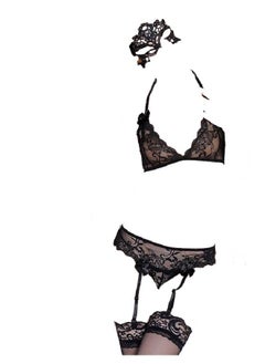 Floral Lace Bra Panty Connected Garters With Stockings And Eye Mask Lingerie Set
