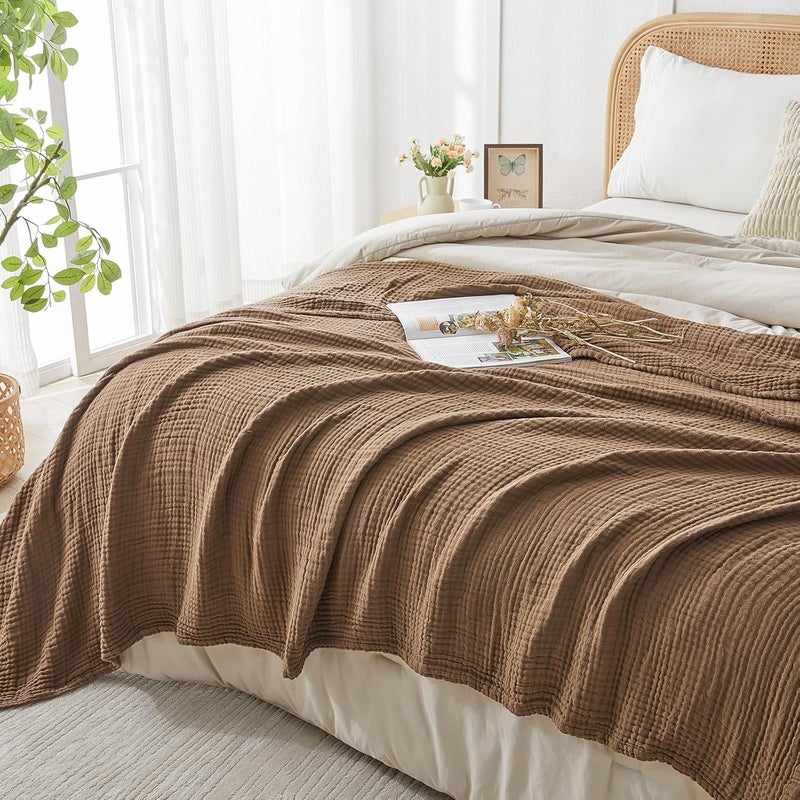 EMME Cotton Muslin Queen Blanket Bed Layering Breathable Gauze Blanket Soft Lightweight Blankets Adults (Brown, 90"x90") - Image 2