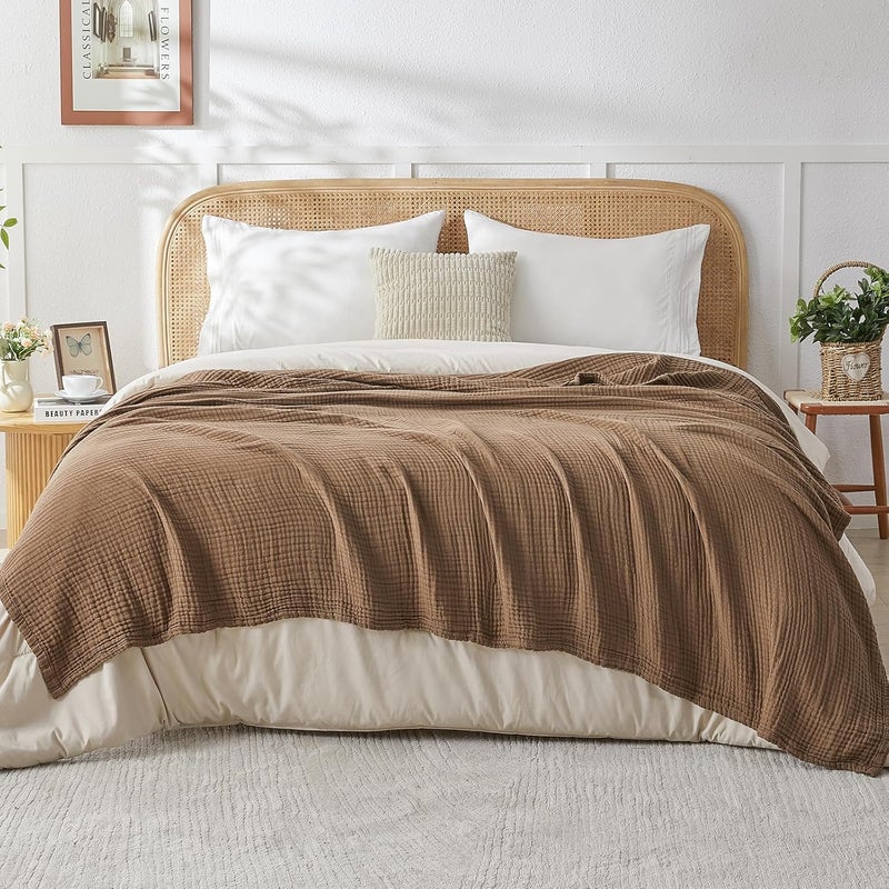 EMME Cotton Muslin Queen Blanket Bed Layering Breathable Gauze Blanket Soft Lightweight Blankets Adults (Brown, 90"x90") - Image 1