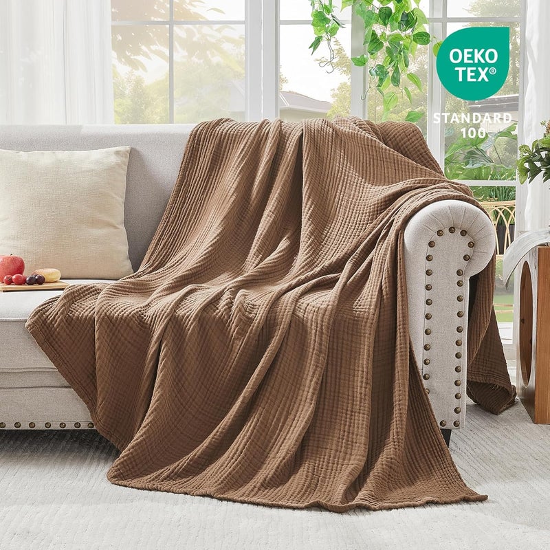 EMME Cotton Muslin Queen Blanket Bed Layering Breathable Gauze Blanket Soft Lightweight Blankets Adults (Brown, 90"x90") - Image 5