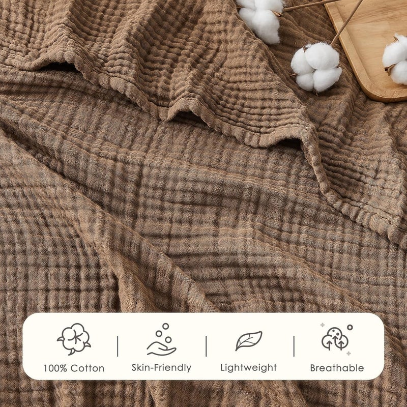 EMME Cotton Muslin Queen Blanket Bed Layering Breathable Gauze Blanket Soft Lightweight Blankets Adults (Brown, 90"x90") - Image 4