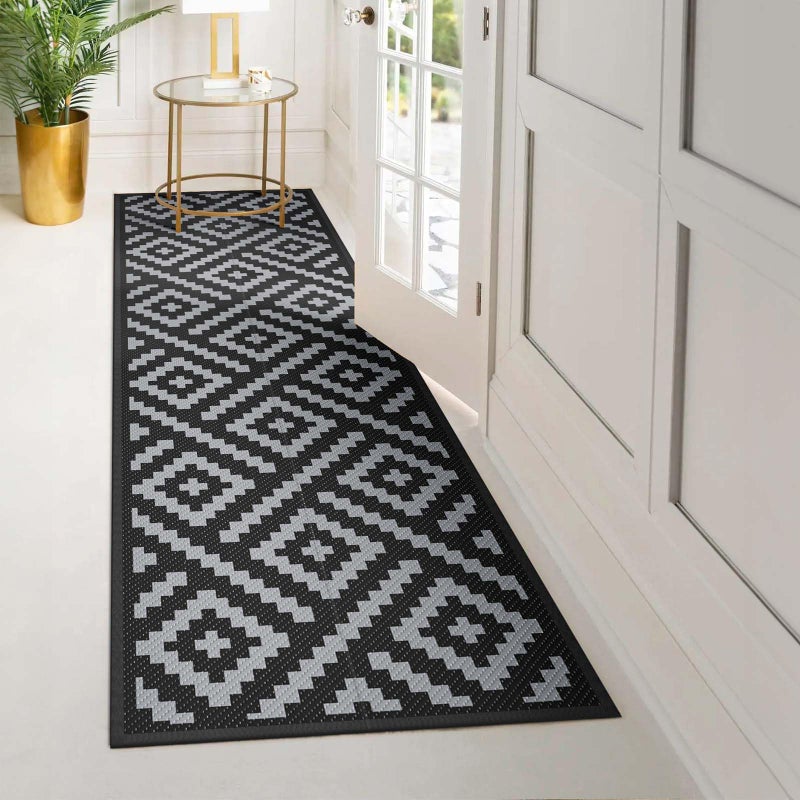 GENIMO Outdoor Rugs 2.5x8 Waterproof, Reversible Mats, Outdoor Area Rug, Plastic Outside Carpet, Eeometric Rv Mat for Patio Camping Rv Picnic Backyard Deck Balcony Porch Beach (Black & Grey) - Image 2