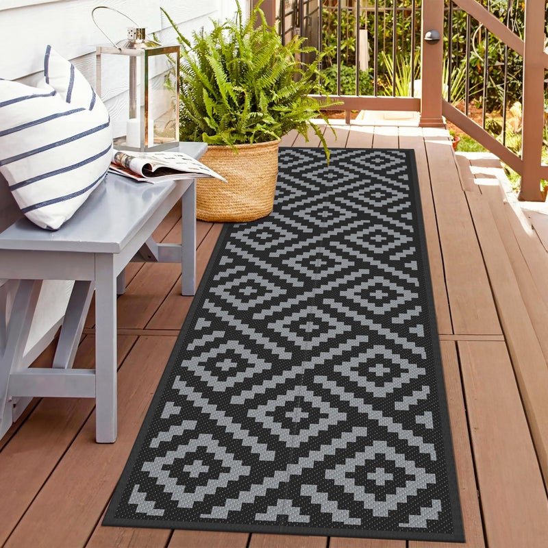 GENIMO Outdoor Rugs 2.5x8 Waterproof, Reversible Mats, Outdoor Area Rug, Plastic Outside Carpet, Eeometric Rv Mat for Patio Camping Rv Picnic Backyard Deck Balcony Porch Beach (Black & Grey) - Image 1