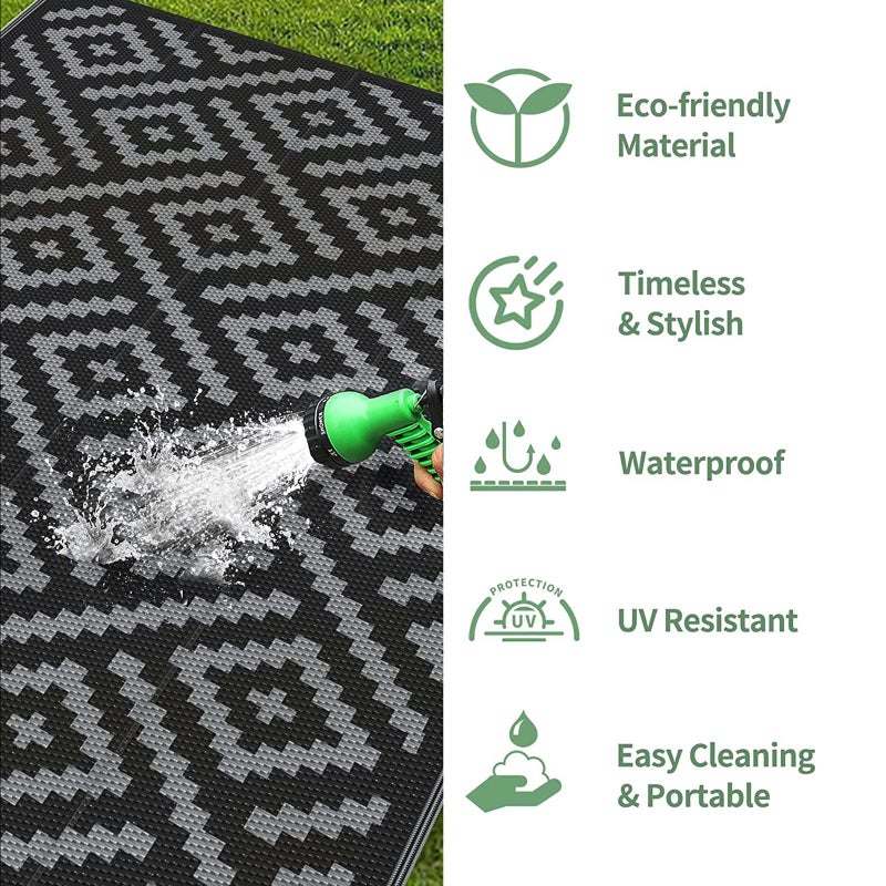 GENIMO Outdoor Rugs 2.5x8 Waterproof, Reversible Mats, Outdoor Area Rug, Plastic Outside Carpet, Eeometric Rv Mat for Patio Camping Rv Picnic Backyard Deck Balcony Porch Beach (Black & Grey) - Image 5