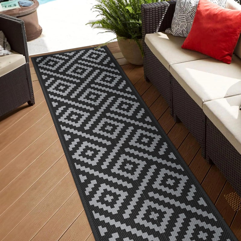 GENIMO Outdoor Rugs 2.5x8 Waterproof, Reversible Mats, Outdoor Area Rug, Plastic Outside Carpet, Eeometric Rv Mat for Patio Camping Rv Picnic Backyard Deck Balcony Porch Beach (Black & Grey) - Image 3
