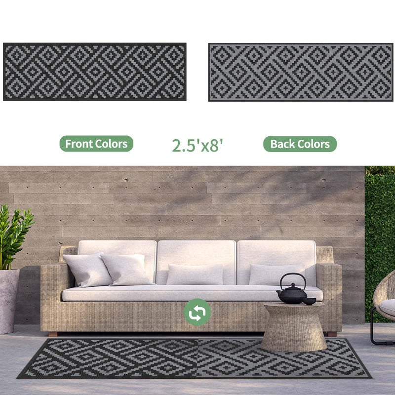 GENIMO Outdoor Rugs 2.5x8 Waterproof, Reversible Mats, Outdoor Area Rug, Plastic Outside Carpet, Eeometric Rv Mat for Patio Camping Rv Picnic Backyard Deck Balcony Porch Beach (Black & Grey) - Image 4
