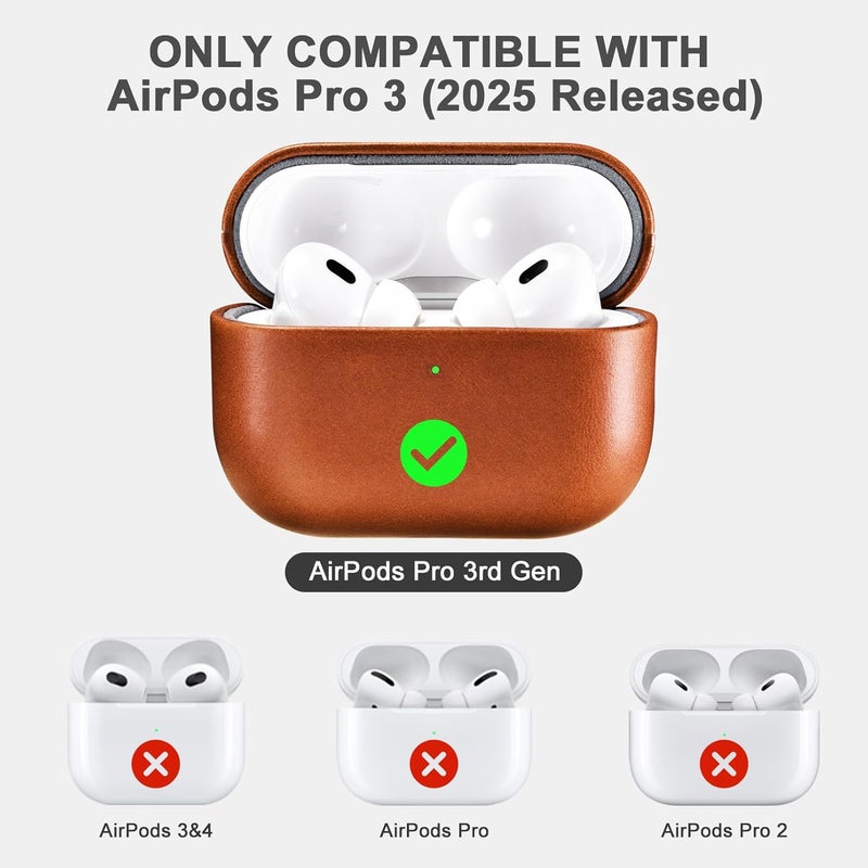 آيكيرير غطاء جلدي لـ AirPods Pro 3 2025، غطاء واقي ضد الصدمات من الجلد الطبيعي الممتاز لعلبة شحن سماعات Apple AirPods Pro 3 (LED مرئي) يدعم الشحن اللاسلكي - بني - Image 2