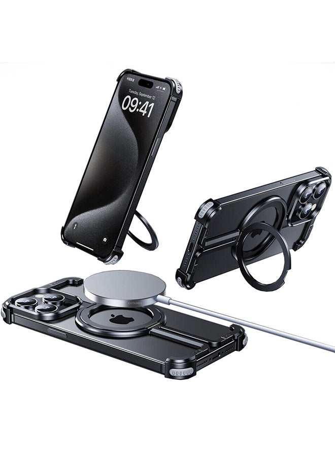 CATANES - iPhone 15 Pro Max Case Cover Lightweight Metal Shock Bar Magsafe Case Finger Ring Holder Shockproof Phone Cover Bumper Magnetic Wireless Charging Mobile Phone Kickstand Protective Case Black - Image 1