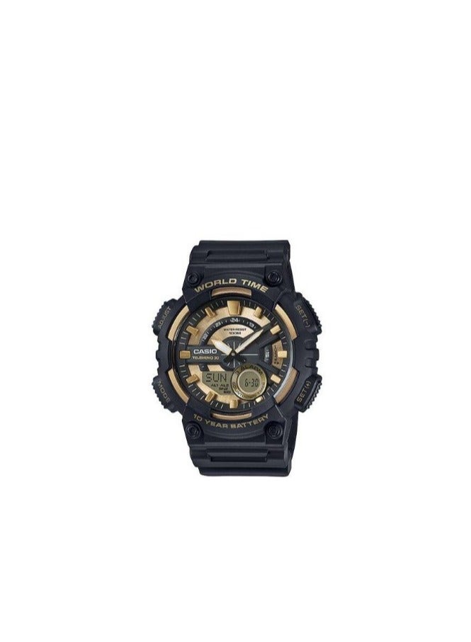 Casio Men's World Time Watch – Dual Display Analog-Digital, Gold-Black Design, 100M Water Resistant, 10-Year Battery, Tough Resin Build, LED Light, Multiple Alarms, Stopwatch & Timer Functions