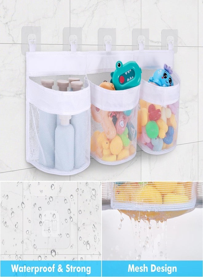 Huiguli Bath Toy Storage Organizer, 3 Compartment Bath Toy Holder for Tubs, Large Capacity & Quick-Drying Mesh - 5 Strong Adhesive Hooks for Easy Access - Image 5