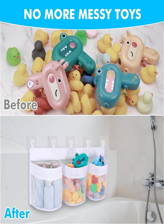 Huiguli Bath Toy Storage Organizer, 3 Compartment Bath Toy Holder for Tubs, Large Capacity & Quick-Drying Mesh - 5 Strong Adhesive Hooks for Easy Access - Image 3