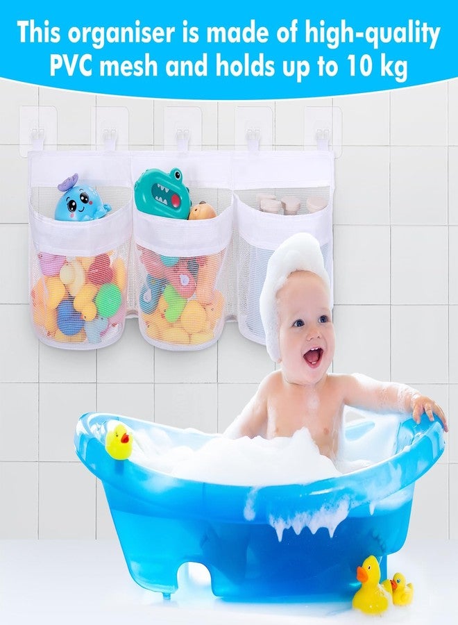 Huiguli Bath Toy Storage Organizer, 3 Compartment Bath Toy Holder for Tubs, Large Capacity & Quick-Drying Mesh - 5 Strong Adhesive Hooks for Easy Access - Image 4