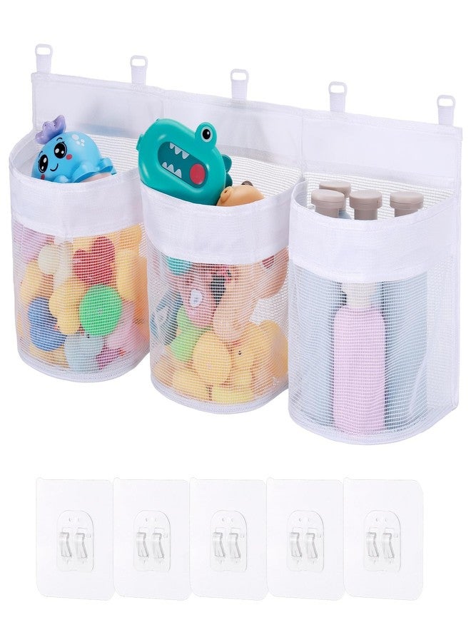 Huiguli Bath Toy Storage Organizer, 3 Compartment Bath Toy Holder for Tubs, Large Capacity & Quick-Drying Mesh - 5 Strong Adhesive Hooks for Easy Access - Image 1