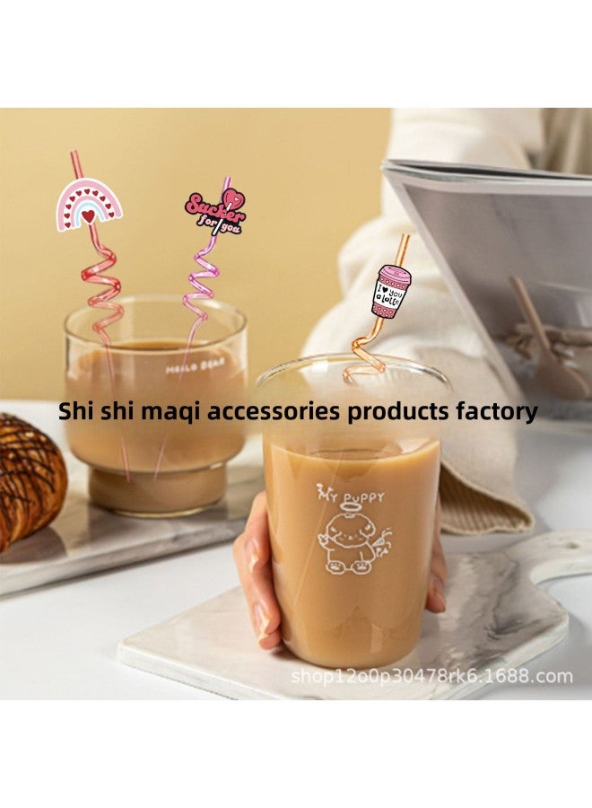 Valentine's Day Straw PET Spiral Straw Cartoon Cute Straw Sticker Patch Food Grade Color Elbow Decoration-Color:XXG199-03-Specifications:Straw + Shoe Flower - Image 4