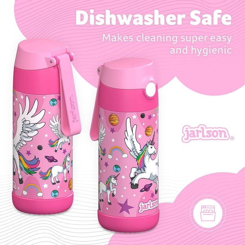 Jarlson جارلسون - قارورة مياه أطفال فولاذية مقاومة للصدأ – 350 مل – خالية من BPA – مع قشة – للمدرسة والرياضة ورياض الأطفال (يونيكورن 2، 350 مل) - Image 4
