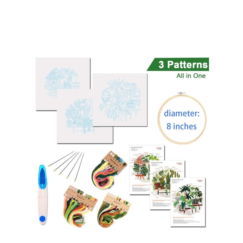 SOLARAE Embroidery Starter Kit with Pattern and Instructions, 3 Sets Cross Stitch Kit Include Embroidery Clothes with Plants Flowers Pattern, 1 Embroidery Hoops, Color Threads and Tools, Deco - Image 2