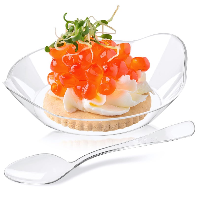 مجموعة من 100 طبق صغير للحلويات من كوكول، صواني بلاستيكية شفافة مع ملاعق، أطباق تقديم للحفلات للاستخدام مرة واحدة، مناسبة للمقبلات والحلويات والفواكه - Image 1