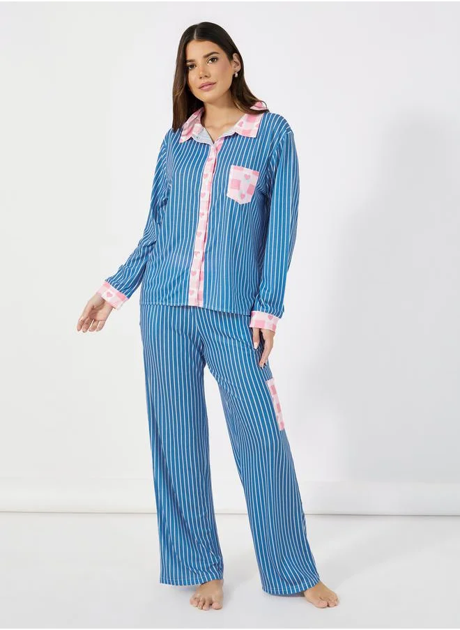 Styli Striped Contrast Print Shirt & Pants Pyjama Set