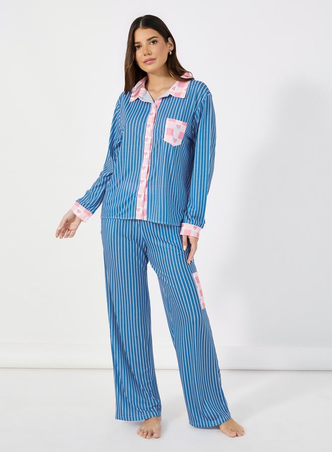 Styli Striped Contrast Print Shirt & Pants Pyjama Set - Image 1