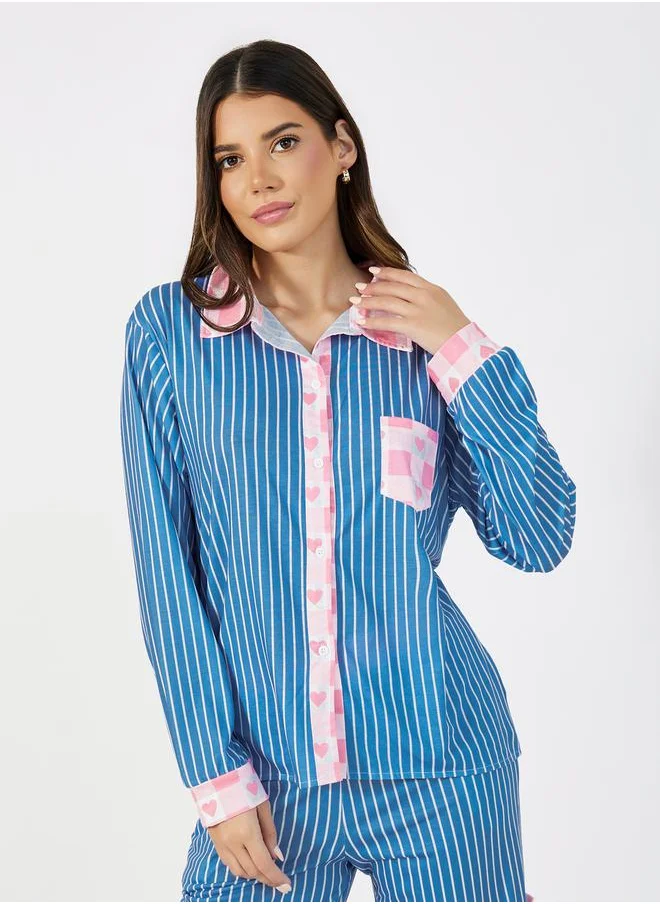 Styli Striped Contrast Print Shirt & Pants Pyjama Set