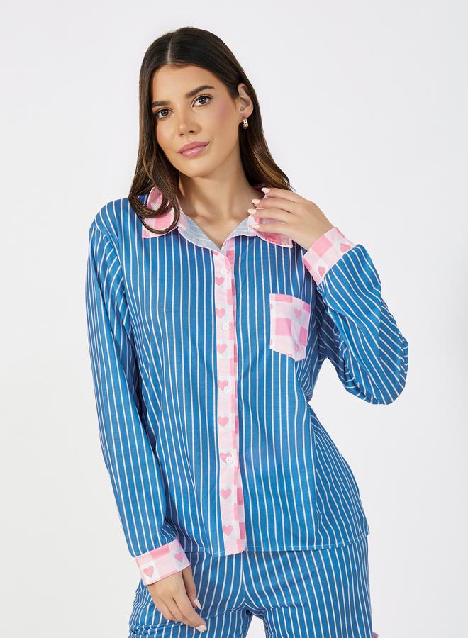 Styli Striped Contrast Print Shirt & Pants Pyjama Set - Image 2