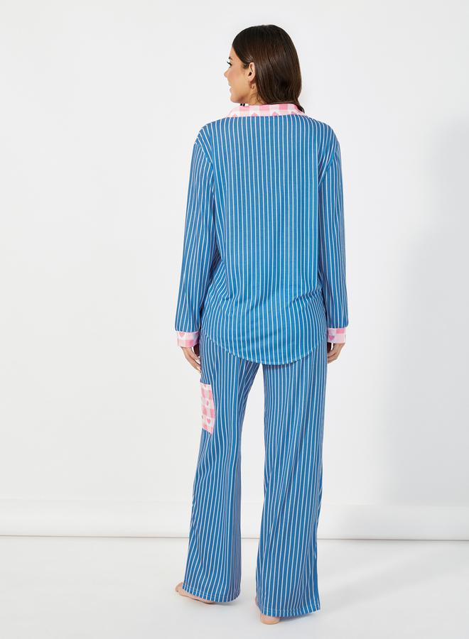 Styli Striped Contrast Print Shirt & Pants Pyjama Set - Image 4