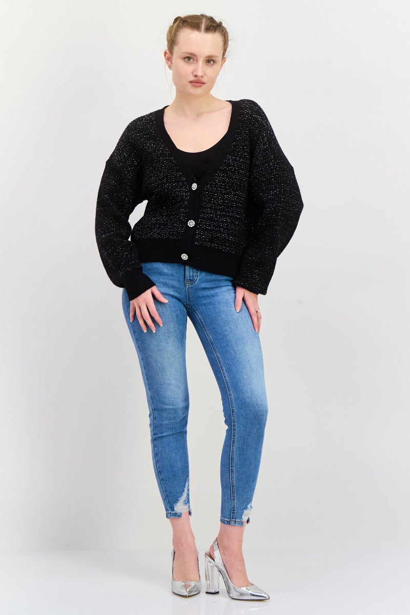 Black Tape Women V Neck Long Sleeve Textured Cardigan, Black  - Image 4