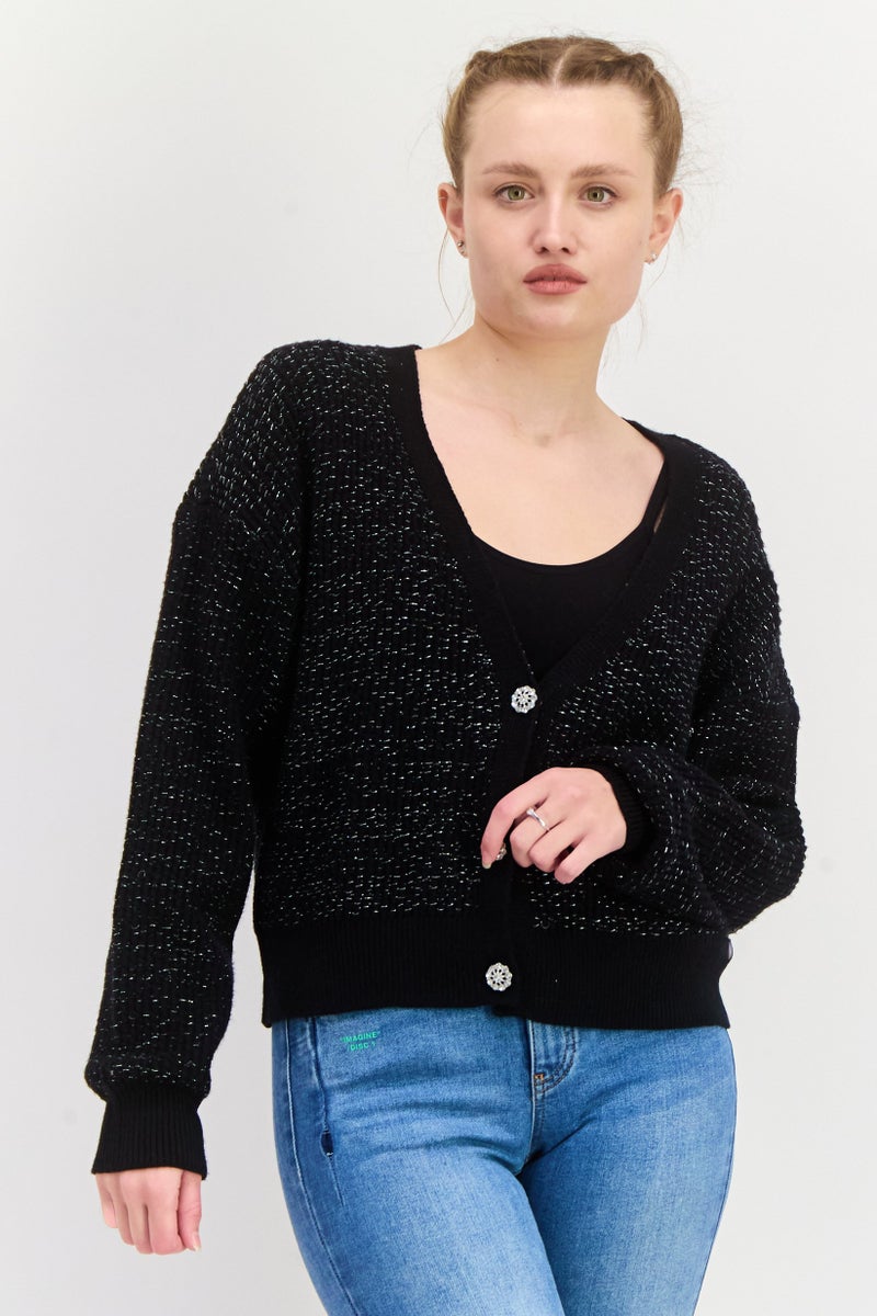 Black Tape Women V Neck Long Sleeve Textured Cardigan, Black  - Image 1