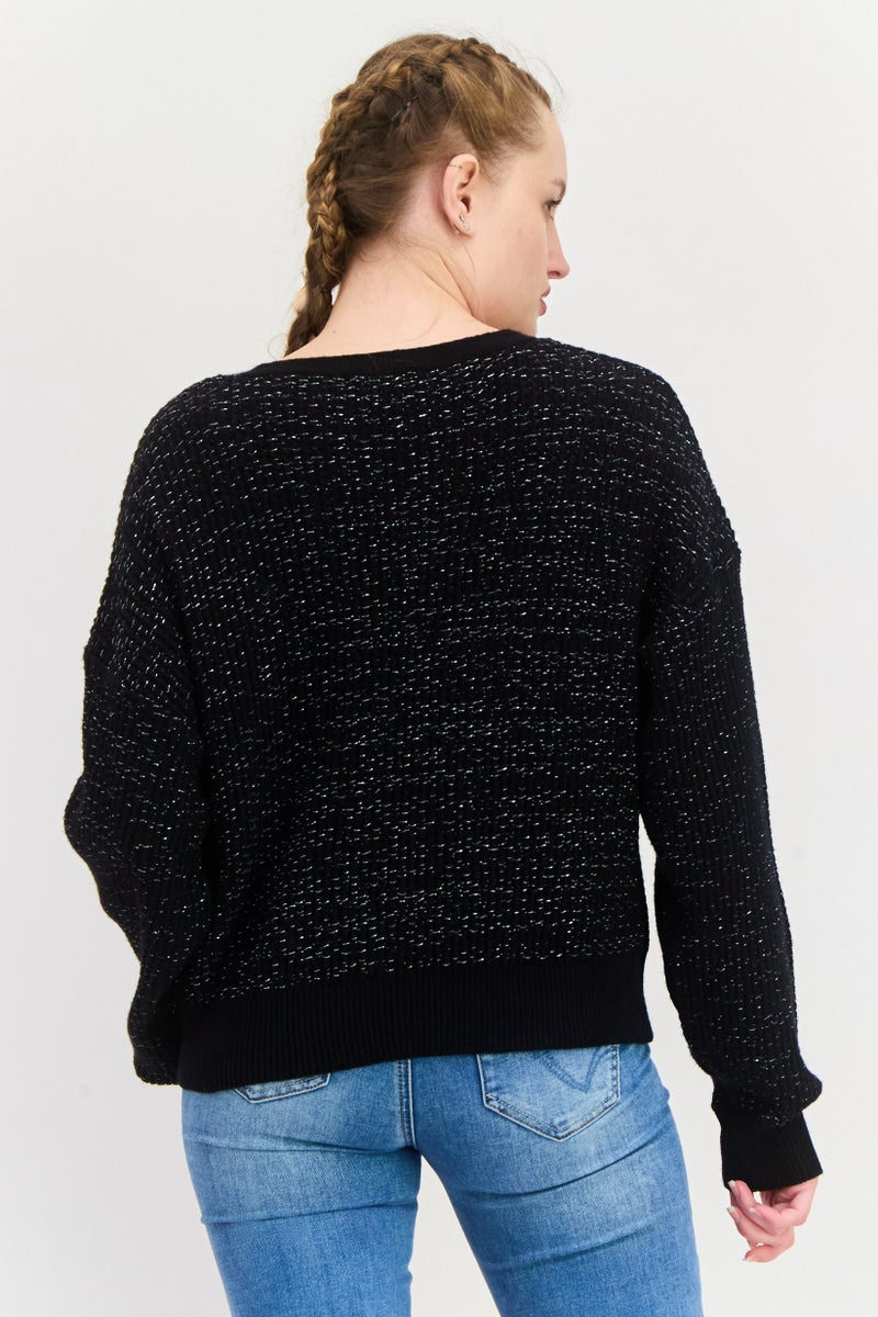 Black Tape Women V Neck Long Sleeve Textured Cardigan, Black  - Image 3
