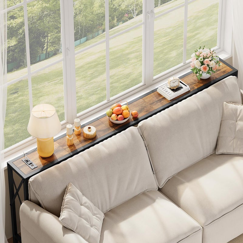 Gewudraw 70 in Skinny Sofa Table Behind Couch, Console Table with Oulets & USB Ports for Hallway, Entryway,Living Room, Bedroom, Rustic Brown - Image 4