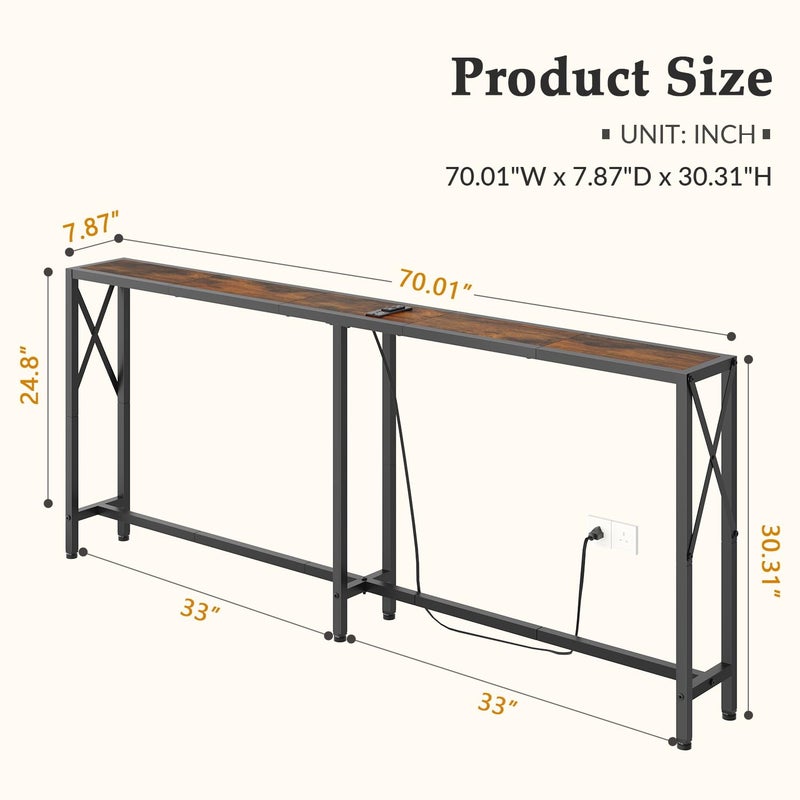 Gewudraw 70 in Skinny Sofa Table Behind Couch, Console Table with Oulets & USB Ports for Hallway, Entryway,Living Room, Bedroom, Rustic Brown - Image 3