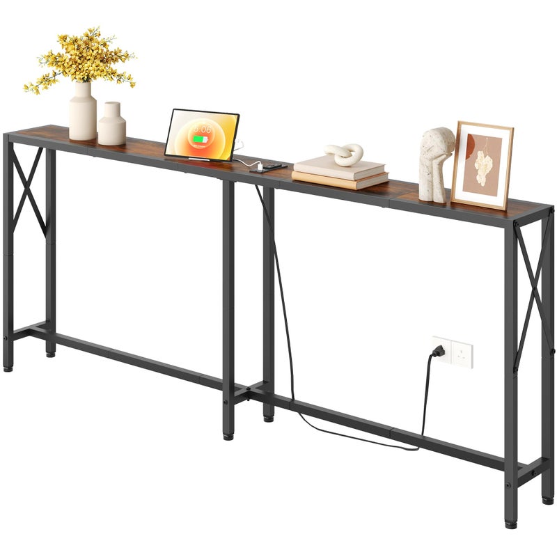 Gewudraw 70 in Skinny Sofa Table Behind Couch, Console Table with Oulets & USB Ports for Hallway, Entryway,Living Room, Bedroom, Rustic Brown - Image 1
