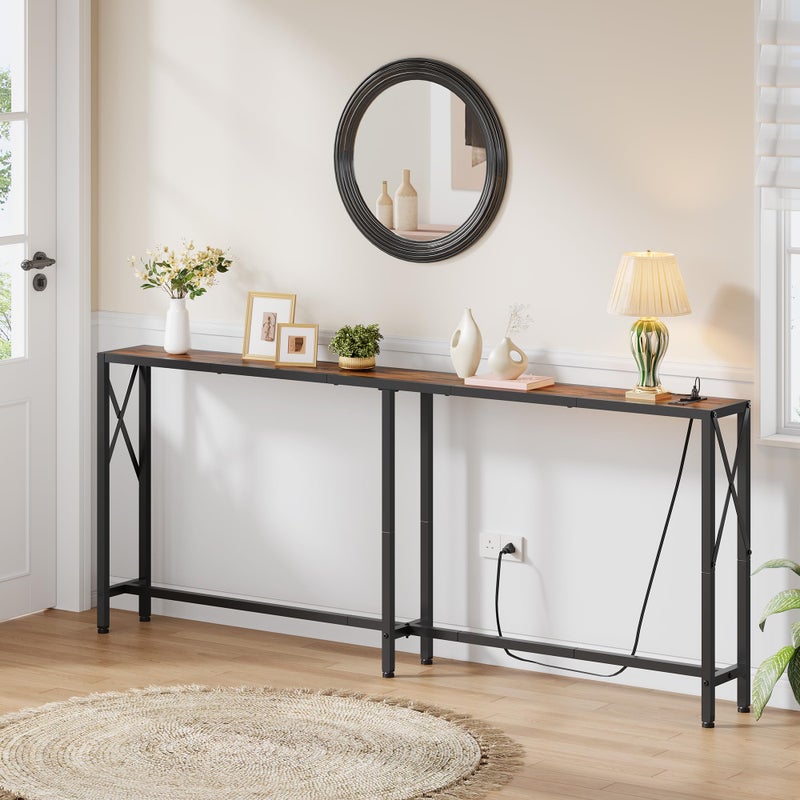 Gewudraw 70 in Skinny Sofa Table Behind Couch, Console Table with Oulets & USB Ports for Hallway, Entryway,Living Room, Bedroom, Rustic Brown - Image 2
