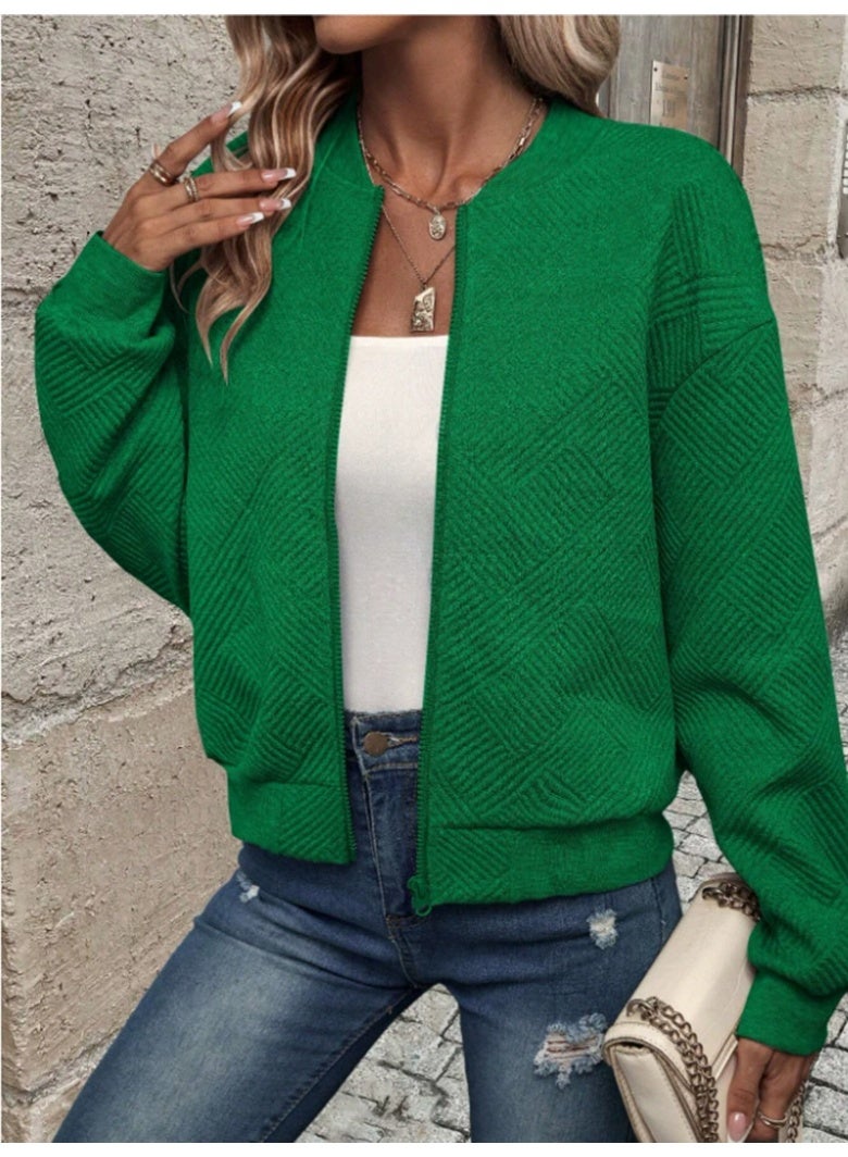 general Women's Cropped Knit Jacket with Zip Up Front and Long Sleeve Design Lightweight Baseball Coat with Loose Fit for Casual Layering - Image 1
