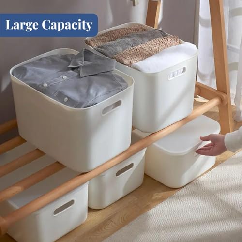 HomeStrap Set of 1 | Plastic Storage Bins with Lid, White Stackable Storage Basket Organizer Box, Sturdy Containers Bins for Shelves, Cabinet, Desk, Pantry, Bedroom, Bathroom, Book, Toys (Small) - Image 4