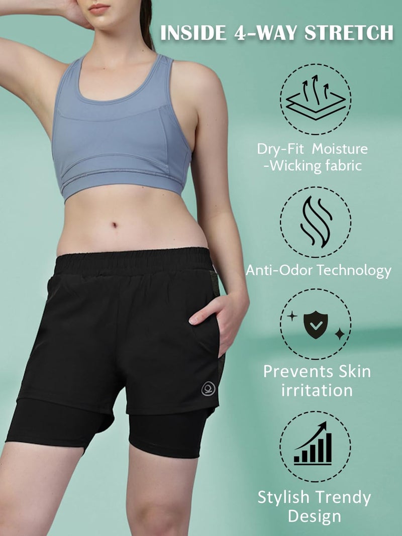 CHKOKKO Gym Shorts for Women Workout Sports Running Quick Dry Fit Double Layer Inner Compression with Pockets Breathable Lightweight Wear Olive L - Image 2