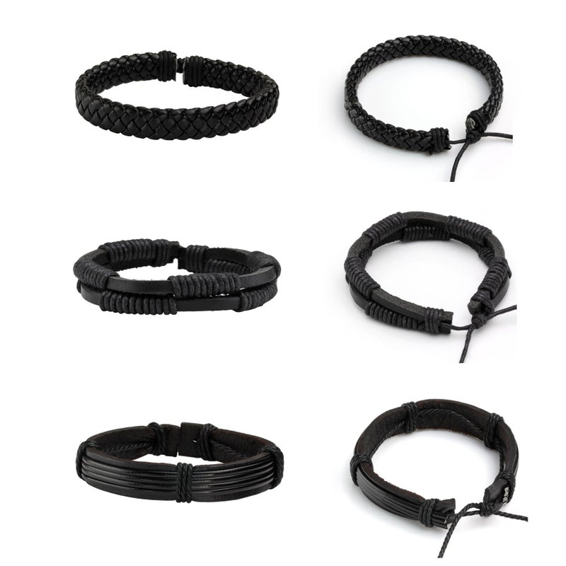 MILAKOO 6 Pcs Black Braided Leather Bracelets for Men Women Cuff Wrap Wristbands - Image 3
