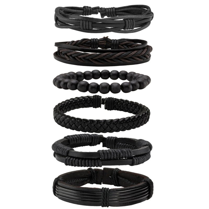 MILAKOO 6 Pcs Black Braided Leather Bracelets for Men Women Cuff Wrap Wristbands - Image 1