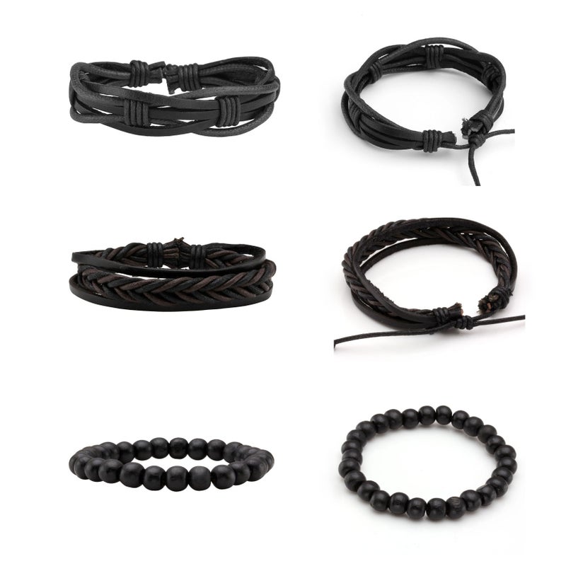 MILAKOO 6 Pcs Black Braided Leather Bracelets for Men Women Cuff Wrap Wristbands - Image 2