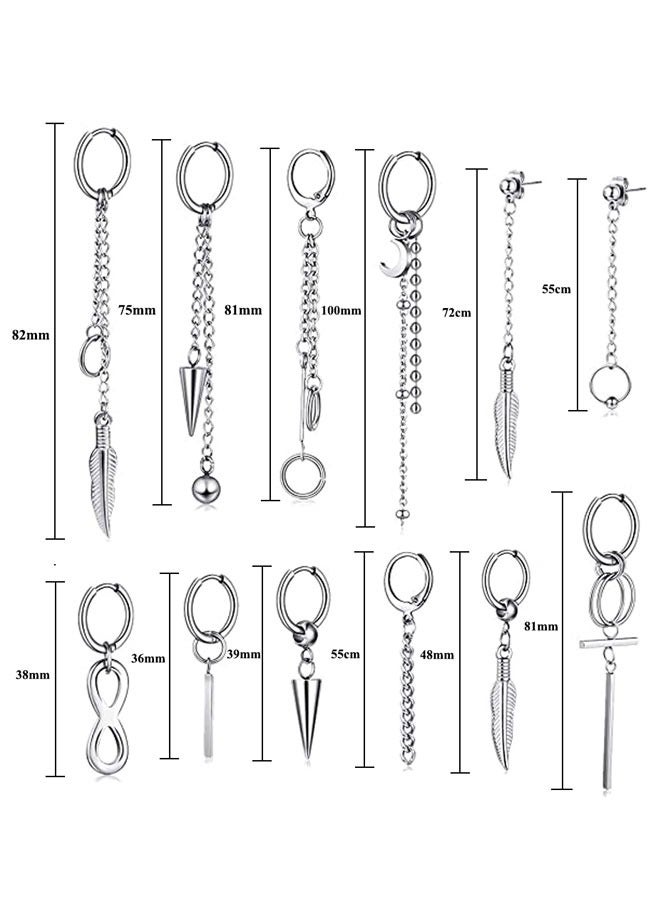 HAWAWA 12 Pieces Hoop Dangle Earrings For Men Stainless Steel Feather Hinged Pendant Earrings Long Chain Kpop Piercing Earring for Men and Women Silver - Image 2