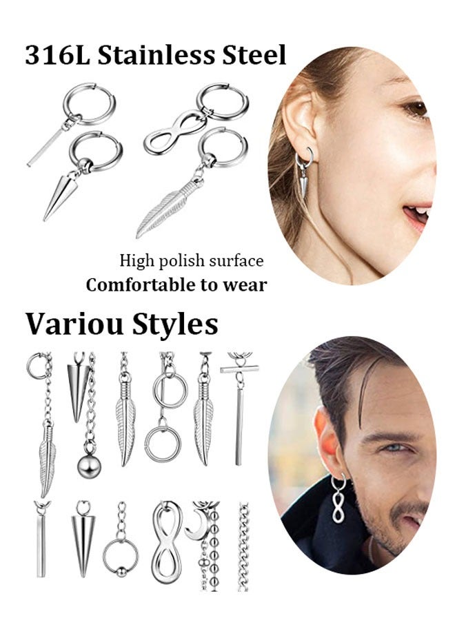 HAWAWA 12 Pieces Hoop Dangle Earrings For Men Stainless Steel Feather Hinged Pendant Earrings Long Chain Kpop Piercing Earring for Men and Women Silver - Image 3