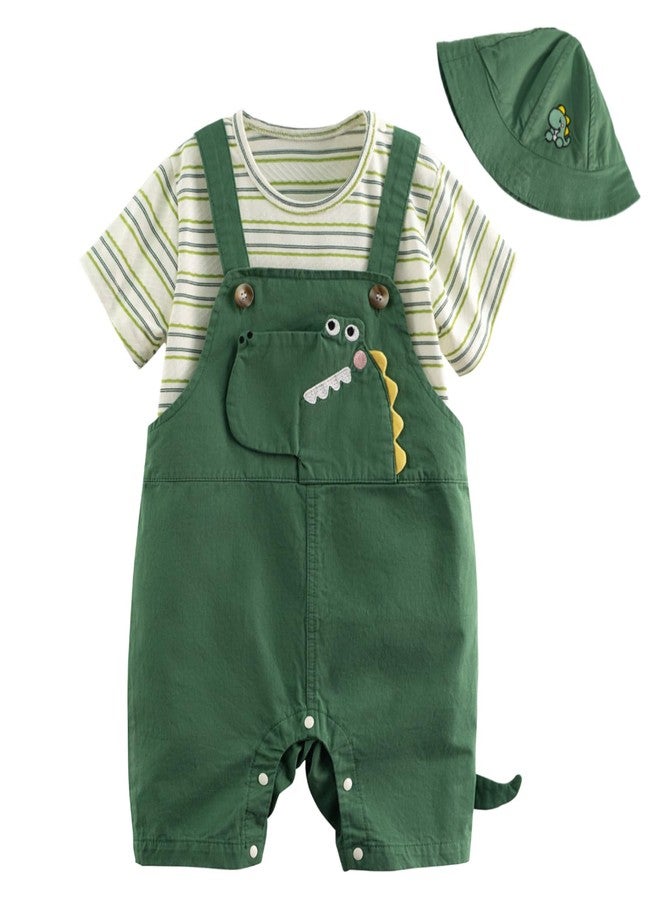 Volunboy Summer Baby Boy Clothes Infant Short Overalls T-shirt Hat 3Pcs Outfits Beach Navy Bodysuit Romper Suspender Pants Set (Deepgreendinosaur, 9-12 Months) - Image 1