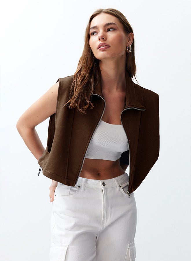 trendyol Comfortable Fit Brown Zipper Vest  Moon Sleeve, Stand Collar - Image 1
