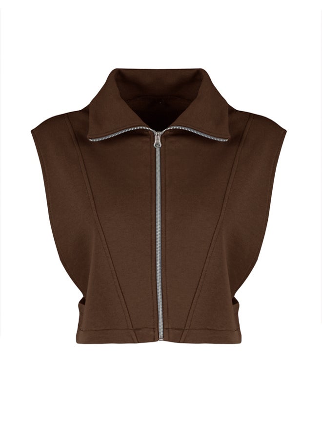 trendyol Comfortable Fit Brown Zipper Vest  Moon Sleeve, Stand Collar - Image 5