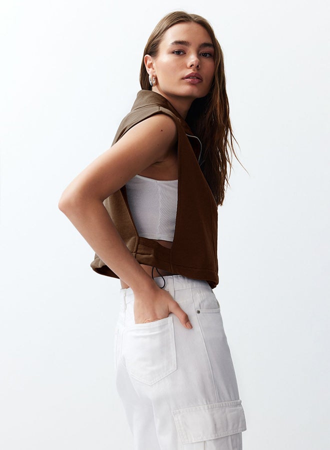 trendyol Comfortable Fit Brown Zipper Vest  Moon Sleeve, Stand Collar - Image 3