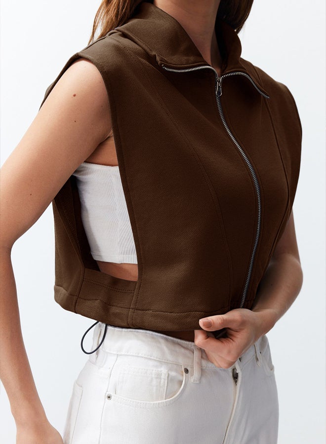 trendyol Comfortable Fit Brown Zipper Vest  Moon Sleeve, Stand Collar - Image 4