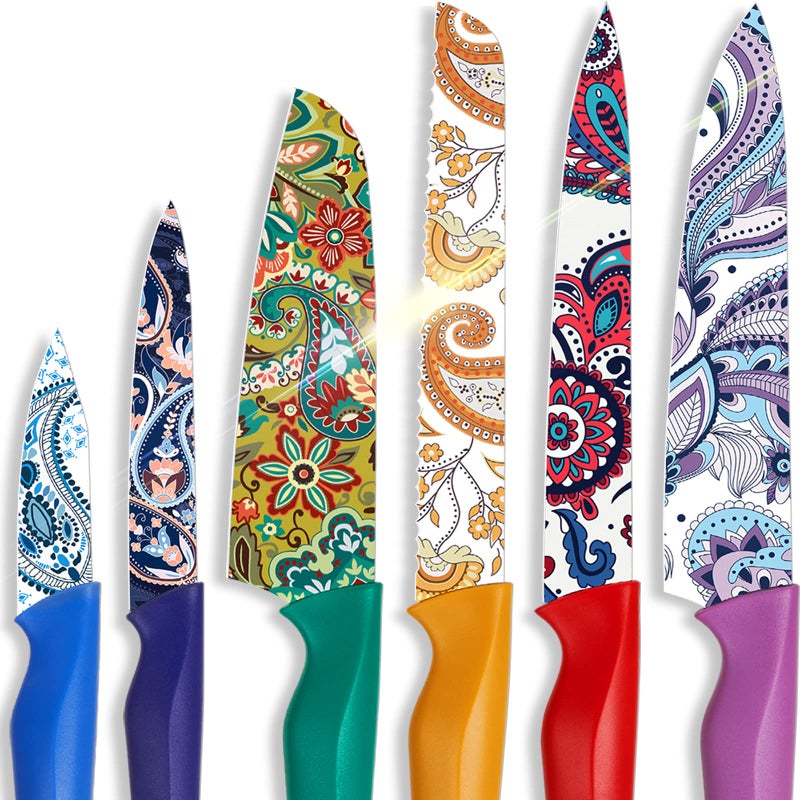 Astercook Paisley Pattern Knife Set with Cover, Dishwasher Safe Colorful Knives with 6 Knife Sheath, German Stainless Steel Rainbow Knife Set - Image 1