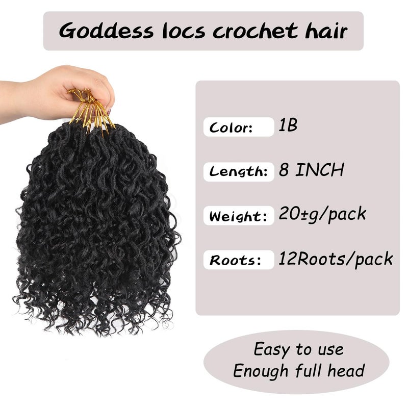 Vemet Goddess Locs Crochet Hair 8 Inch 9 Packs Faux Locs Synthetic Crochet Hair for Black Women, Boho Style Pre looped crochet with Curly Ends 1B - Image 4